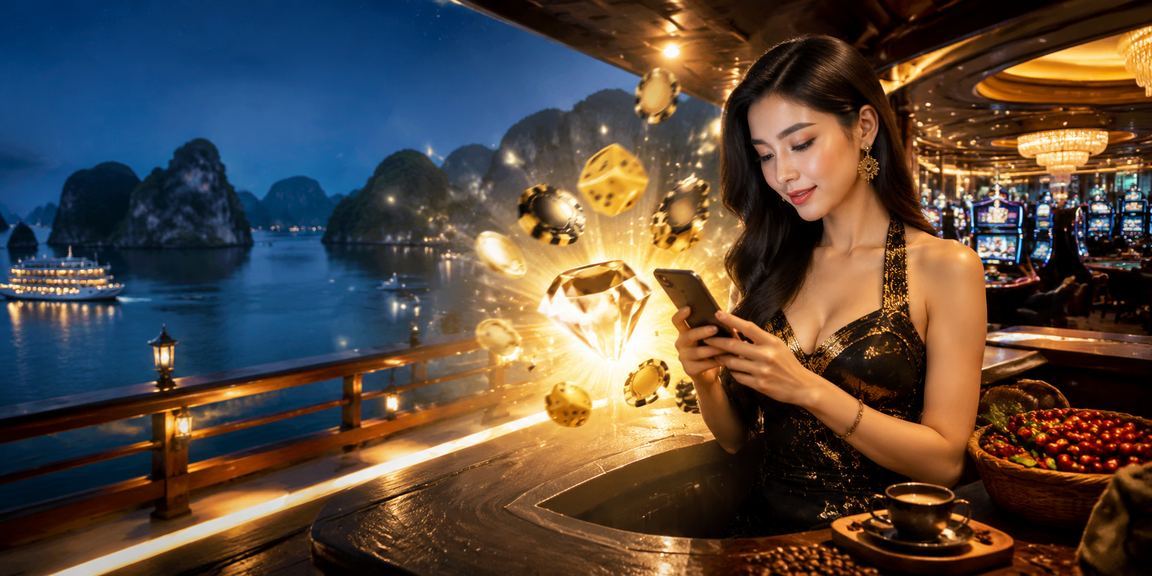 Người dùng trải nghiệm casino di động tại vịnh Hạ Long với ly cà phê